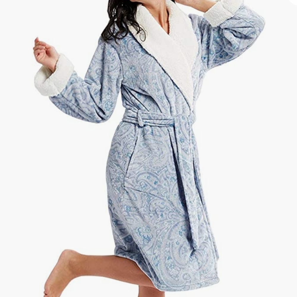 INK+IVY Plush Kimono Robe in Paisley Blue Soft Ladies Bathrobe Size S/M